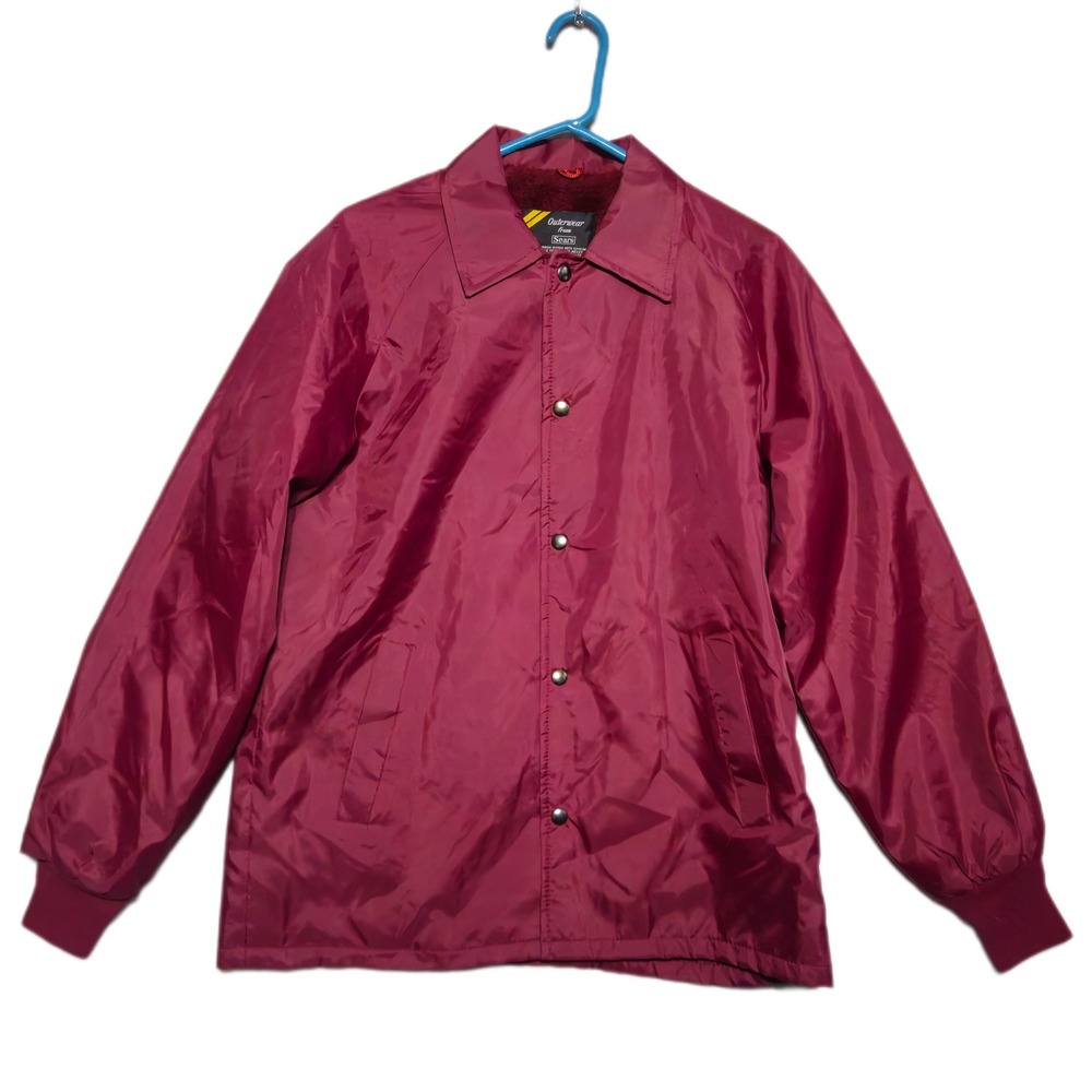 Sears Vintage Coaches Jacket Mens M Burgundy Nylon Faux Fur Lined Snap 87009